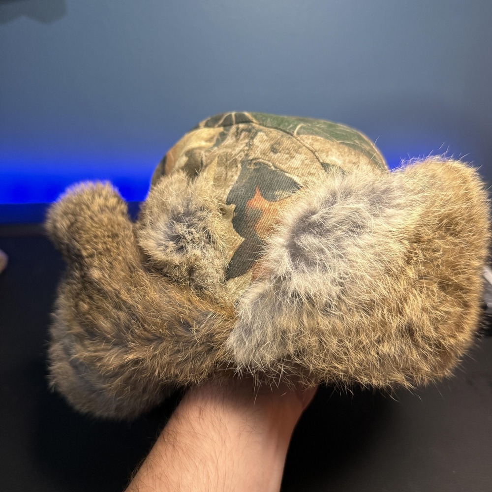 Cabela's Hat Trapper One Size Brown Camo Rabbit Fur Ear Flap Hunting Winter Mens